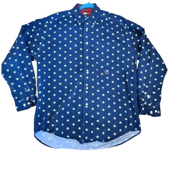 Vintage 90s Tommy Hilfiger Blue Star Pattern Button Down Shirt Nice Fade | M EUC - Picture 4 of 12